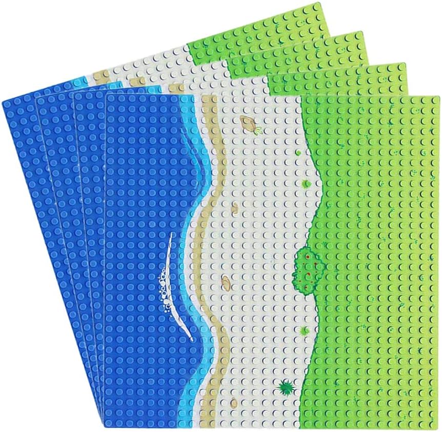 4 PC Grass Oasis Beach Straight / Curve Road Base Plate Building Kit 10 x 10 Inches Pirates Sea Baseplate for Building Bricks Compatible with All Major Brands (Straight-4)