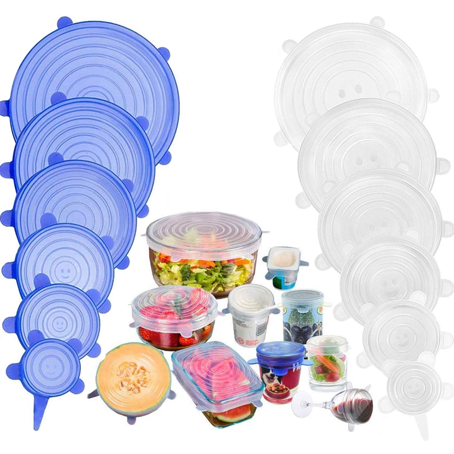 JIGUOOR Silicone Stretch Lids, 12 Pack Reusable Silicone Lids, Durable Food Storage Silicone Covers for Bowl, 6 Sizes to Meet Most Containers to Keep Food Fresh, Microwave Safe - Easy Clean