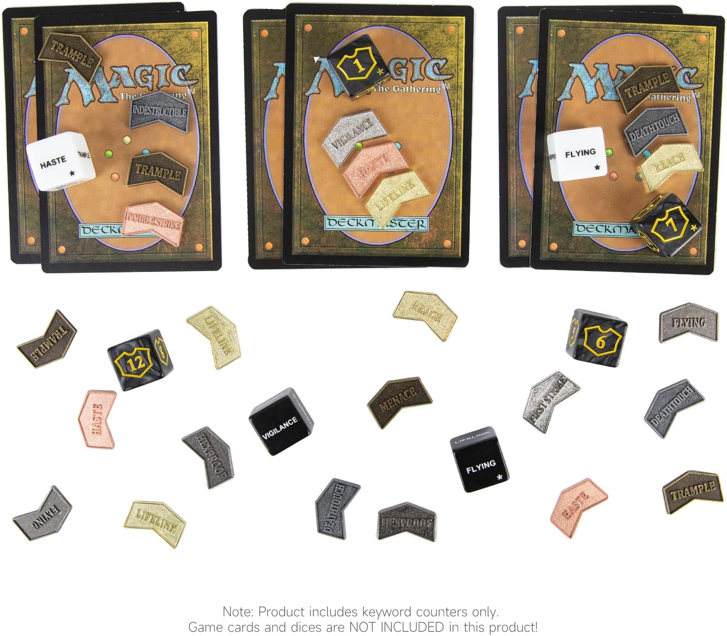 SIXPOINTS 44 Pieces Antique Metal Token & MTG Keyword/Counters Dice Set for MTG CCG Card Gaming Accessories(44PCS-Keyword Counters & Dices Set)