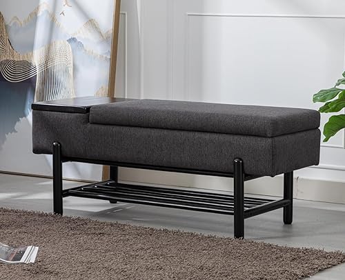 Miniatura 1 de Shunzhi Banco de entrada moderno tapizado con tapa abatible para almacenamiento de zapatos, banco otomano de tela de lino, banco de cama con marco