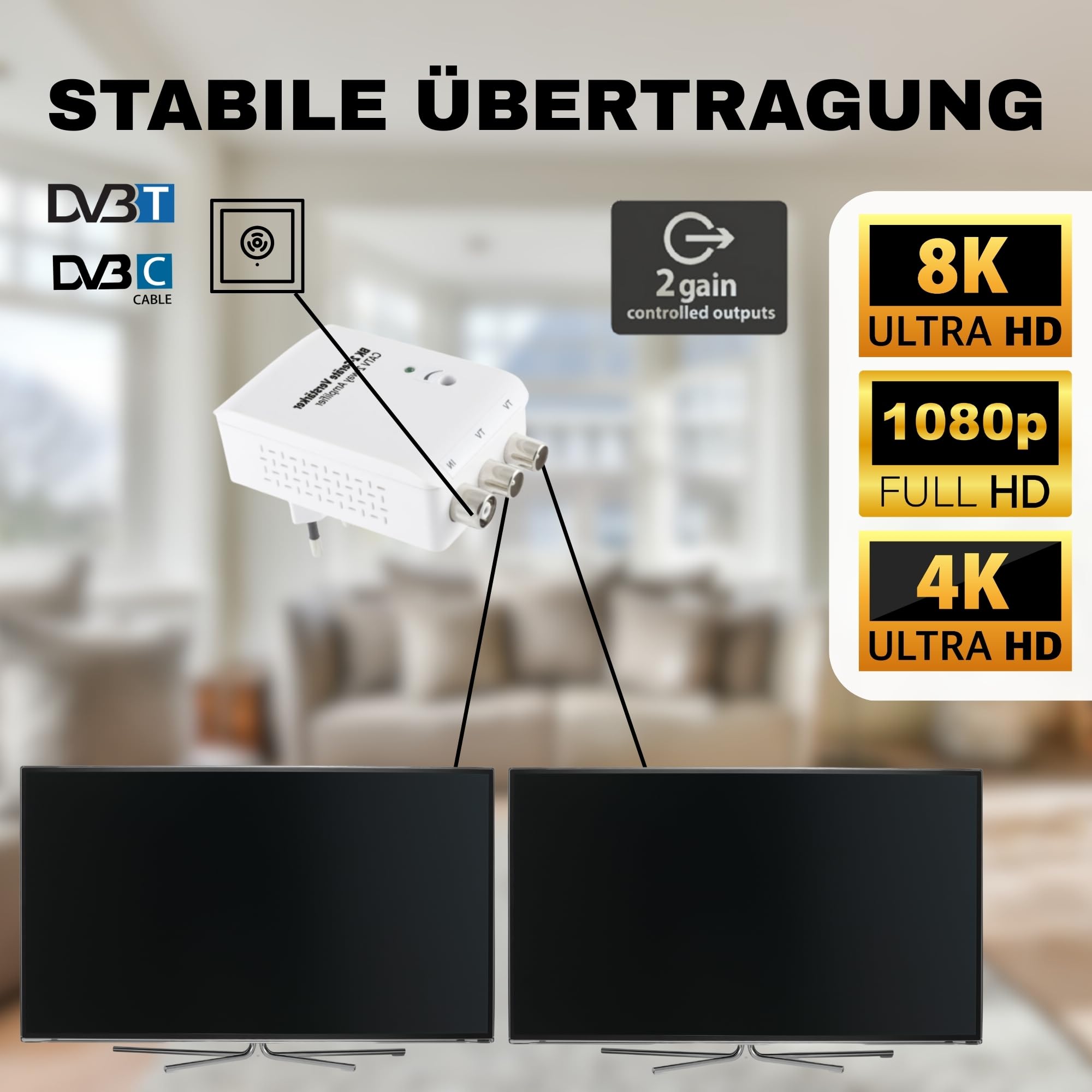 TronicXL Zweigeräteverstärker 2x20dB CATV Verstärker Kabelfernsehen TV Signalverstärker passend für Vodafone PYUR 1&1 Netcologne EWE Kabel DVBC & DVB-T Antennenverstärker