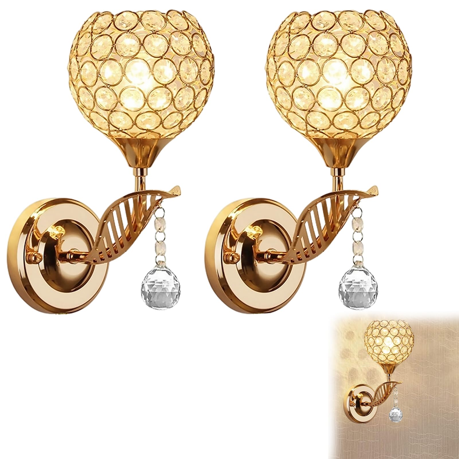 blodfune E27 Lamp Holder, e27 Light Fitting Warm Light Crystal Wall Lamp Lights Retro Bulb Holder, Hostess Style Home Decor, for Home Bedroom Hallway(2Pcs)