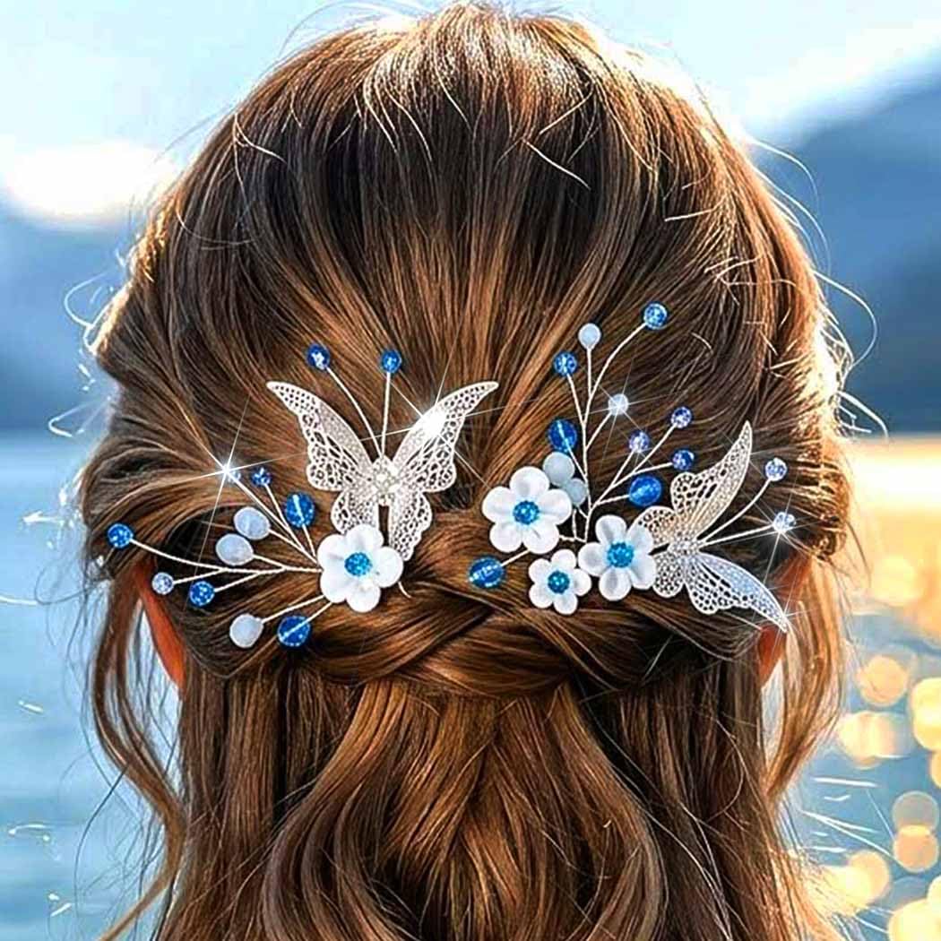 Butterfly Bridal Hair Pins Flower Blue Wedding Hair Clips for Women