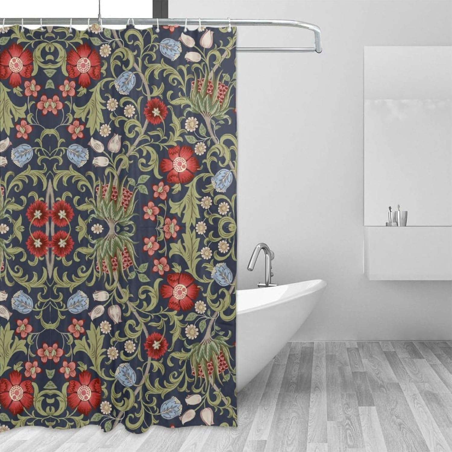 Boho Watercolor Floral Shower Curtain William Morris Design Heavy Duty Fabric Shower Curtain Set Bathroom Polyester Waterproof Shower Curtain 72x84 Inches(183x214cm), Style