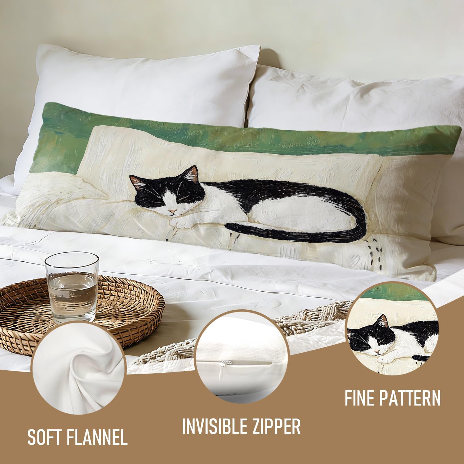 Tuxedo Cat Gifts 20x54 Body Pillow Cover Case with Zipper Cute Black and White Cat Sleeping Long Body Pillow Pillowcase for Adults Kids