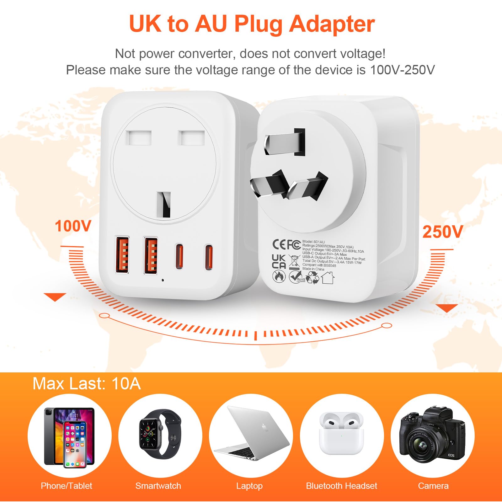 Omivine UK to Australia AU Plug Adapter, 5 in 1 Type I Travel Power Adapter Converter mit 1 AC & 2 USB-C & 2 USB-A(17W) for Australia, China, New Zealand, Argentina, Fiji, etc (Type I-White) — view 5
