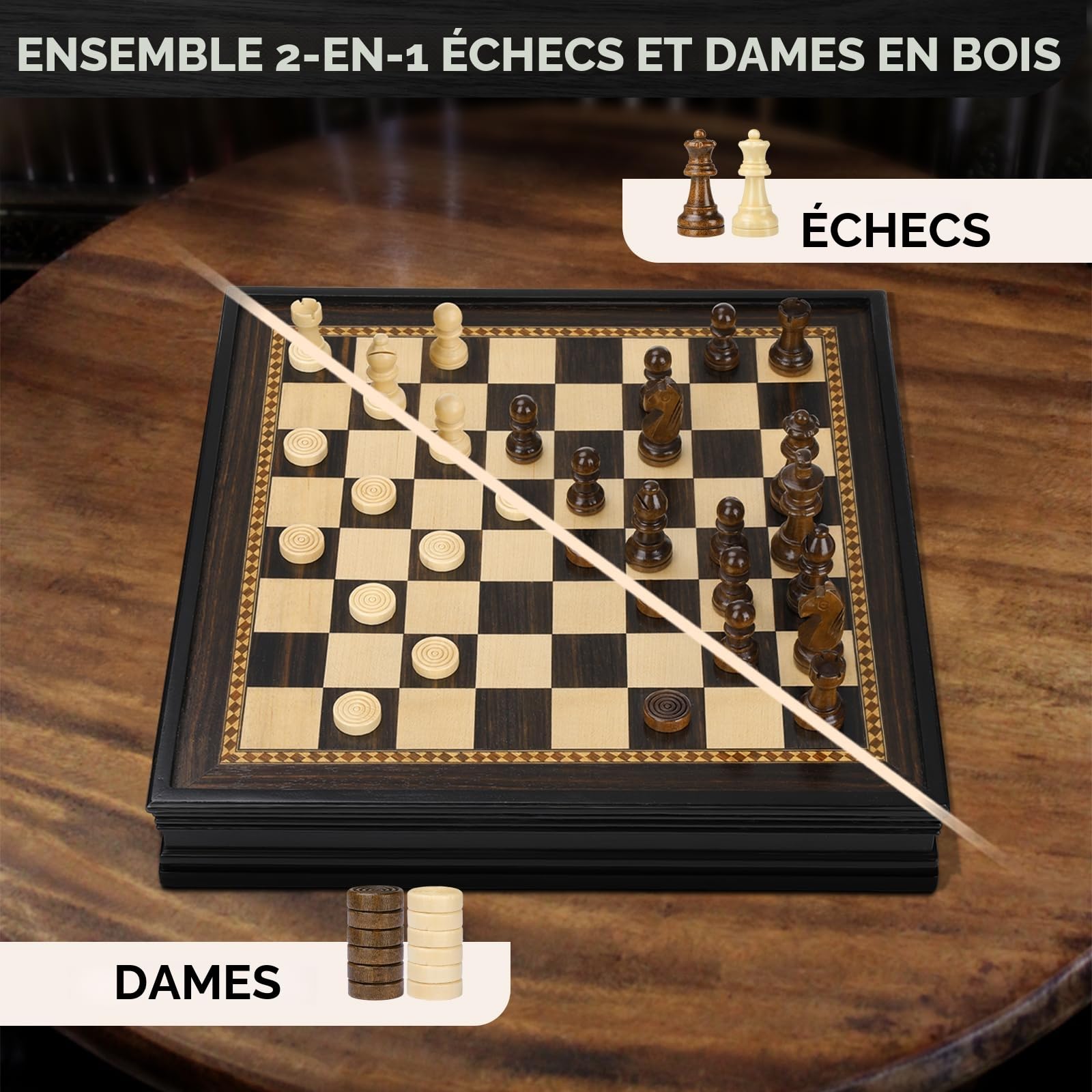 Peradix Jeu d'échecs Magnétique 2 en 1 en Bois, 32 x 32 cm, Jeux d'echec Dames avec Tiroir et 2 Pièces Dame, échecs Bois Echequier pour Enfants et Adultes