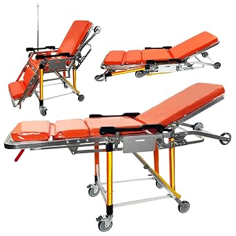 Aluminum Alloy Ambulance Stretcher, Folding Automatic Loading Ambulance Gurney Stretcher Chair, for Emergency Evacuation, Rescue Orange