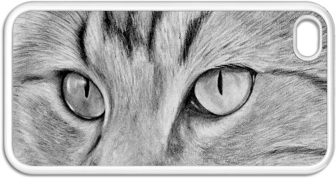Cat Eyes Apple iPhone 4 & 4S White Rubber Grip Case Original Animal Sketch Art