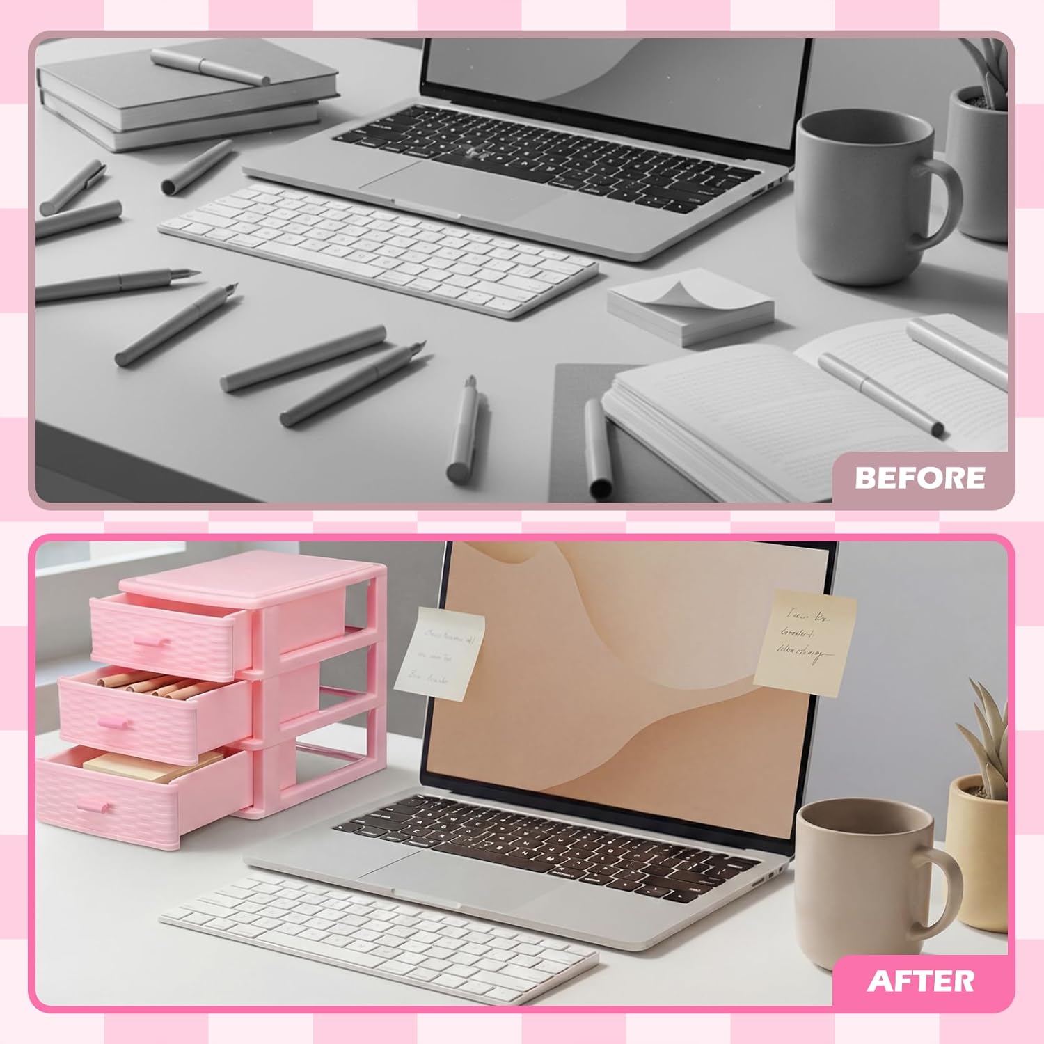 Small Storage Desk Wicker Weave Drawer 3 Drawers Plastic Storage Mini Plastic Weave Drawer Unit with Pull Handles Desk Organizer for Office Supplies Craft Countertop Makeup Bathroom(Pink)