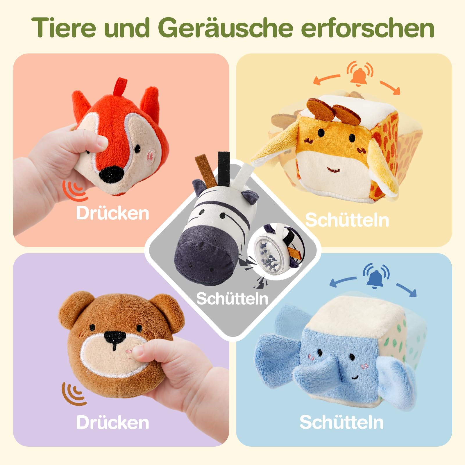 Giocattoli per Bambini 4 6 12 18 Mesi, Giocattolo Montessori Casa Fattoria Sensoriale con 5 Animali, Giocattolo Motorio, Sonagli, Giochi Educativi con Effetti Fruscianti Regalo per Ragazzi e Ragazze