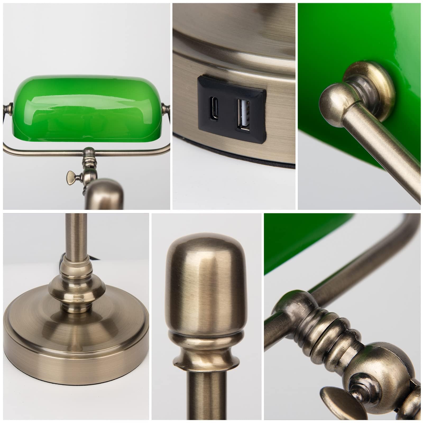 FIRVRE Lampada da banchiere verde, dimmerabile, vintage, LED da scrivania con funzione di ricarica, lampada da tavolo touch, dimmerabile, e27, per studio, casa, ufficio, soggiorno, camera da letto