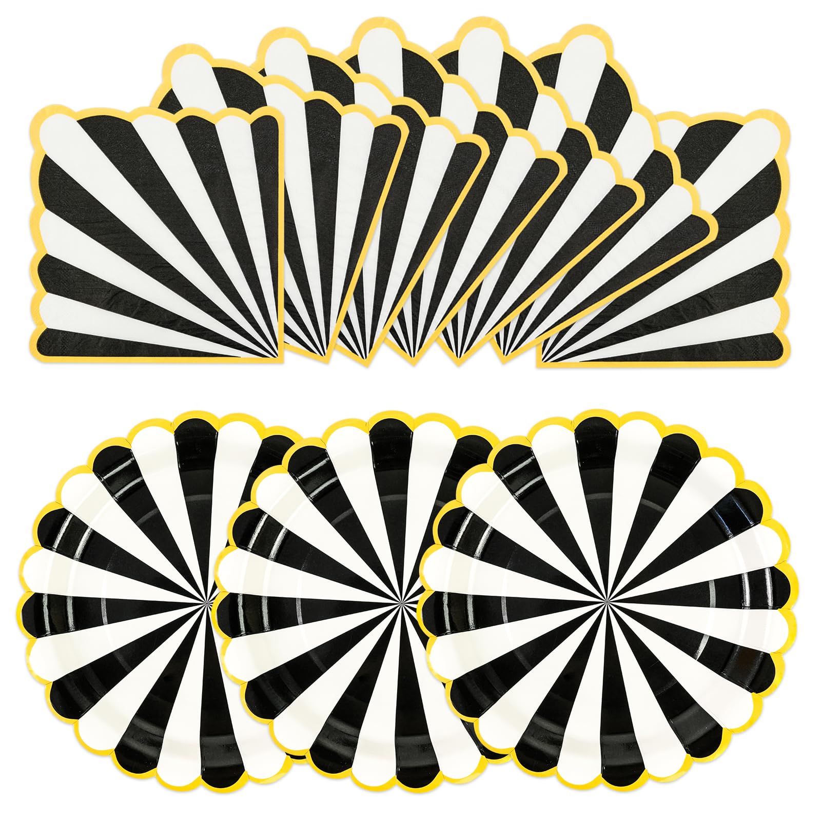 EVYIENEN 50PCS Black Birthday Party Paper Plates and Napkins, 7 Inch Disposable Striped Dessert Plates, Scalloped Gold Foil Edge Dinnerware Party Supplies for Birthday, Baby Showers, Girls Parties