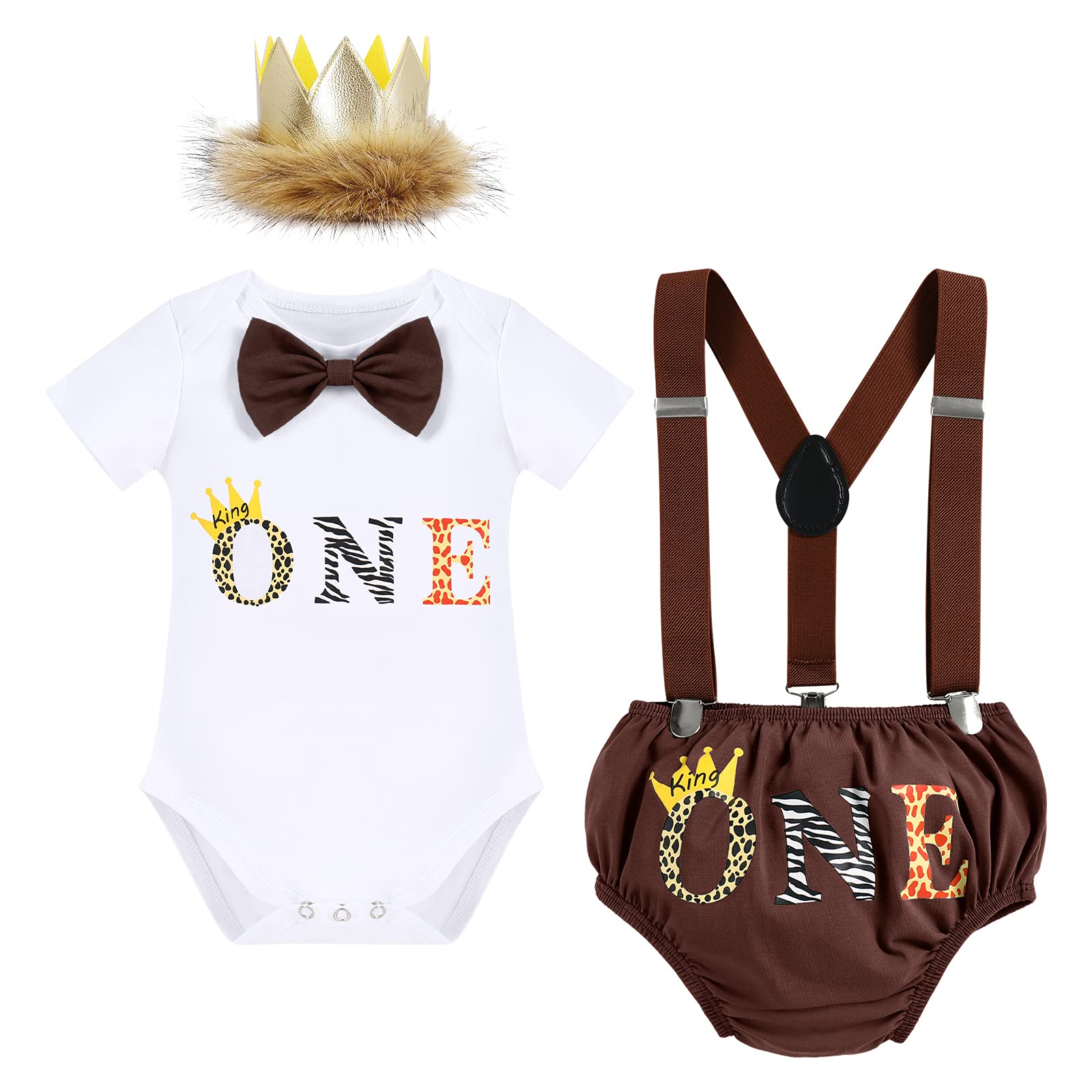 Baby Boys 1st Birthday Wild One Cake Smash Outfit Bowtie Romper Suspenders Shorts Pants Set with Lion Headband 4PCS Photo Props Fancy Dress Up Halloween Christmas Clothes Coffee-One 6-12 Months