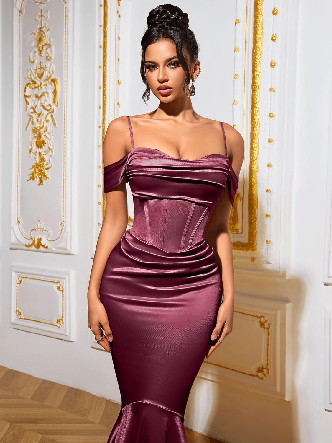 Satin Off The Shoulder Maxi Dress Ruched Bodycon Corset Built-in Bra Mermaid Fall Formal Evening Gown for Women - Image 6