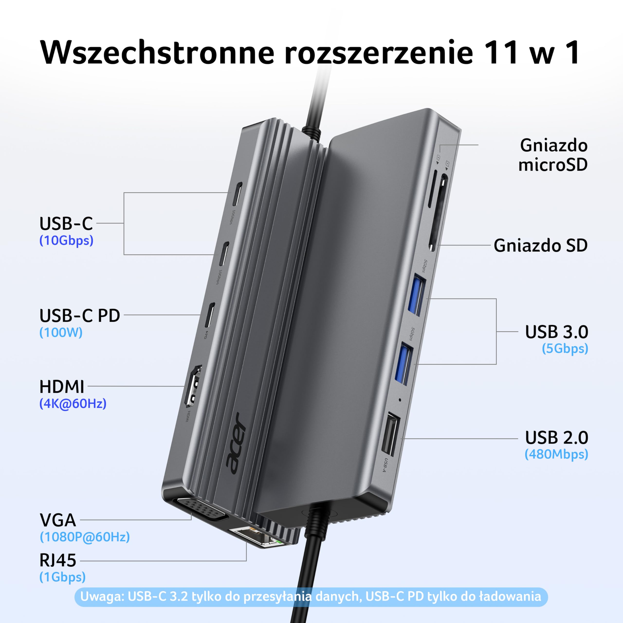 Acer Stacja dokująca USB C 11 w 1 z HDMI 4K@60Hz, 2x10Gbps, Ethernet 1Gbps | HUB USB C z 2×USB C 3.2 i 2×5Gbps USB-A, PD 100W, VGA 1080P, Adapter SD/TF Multiport do Komputera PC i Laptopa (20cm)