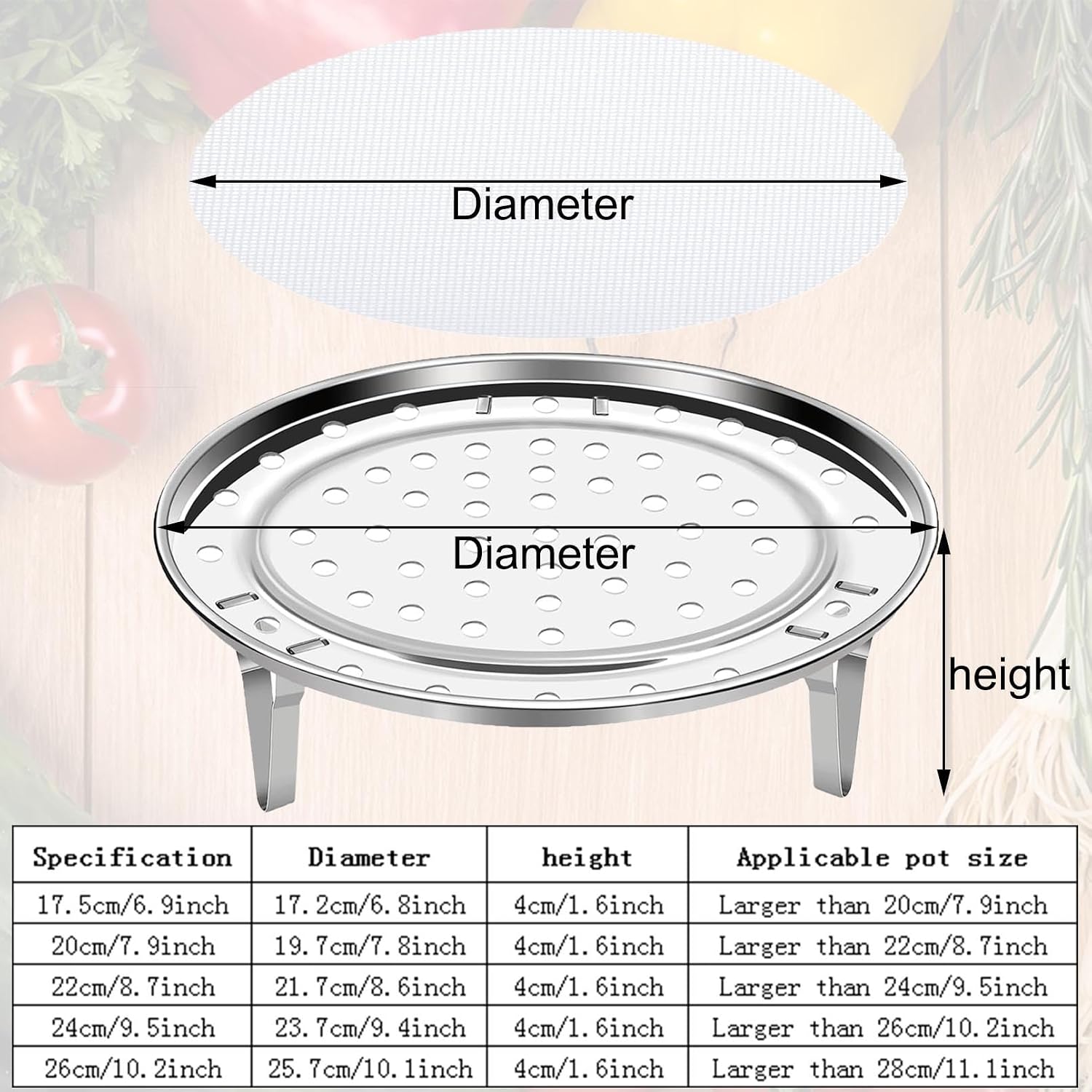 Round Steamer Rack 1pcs with Silicone Liners, Stainless Steel Food Basket with Removable Stand for Cooking, Instant Pot Steamer Basket for Vegetables Dumplings fish and Seafood(Round-10.2inch/26cm) thumbnail