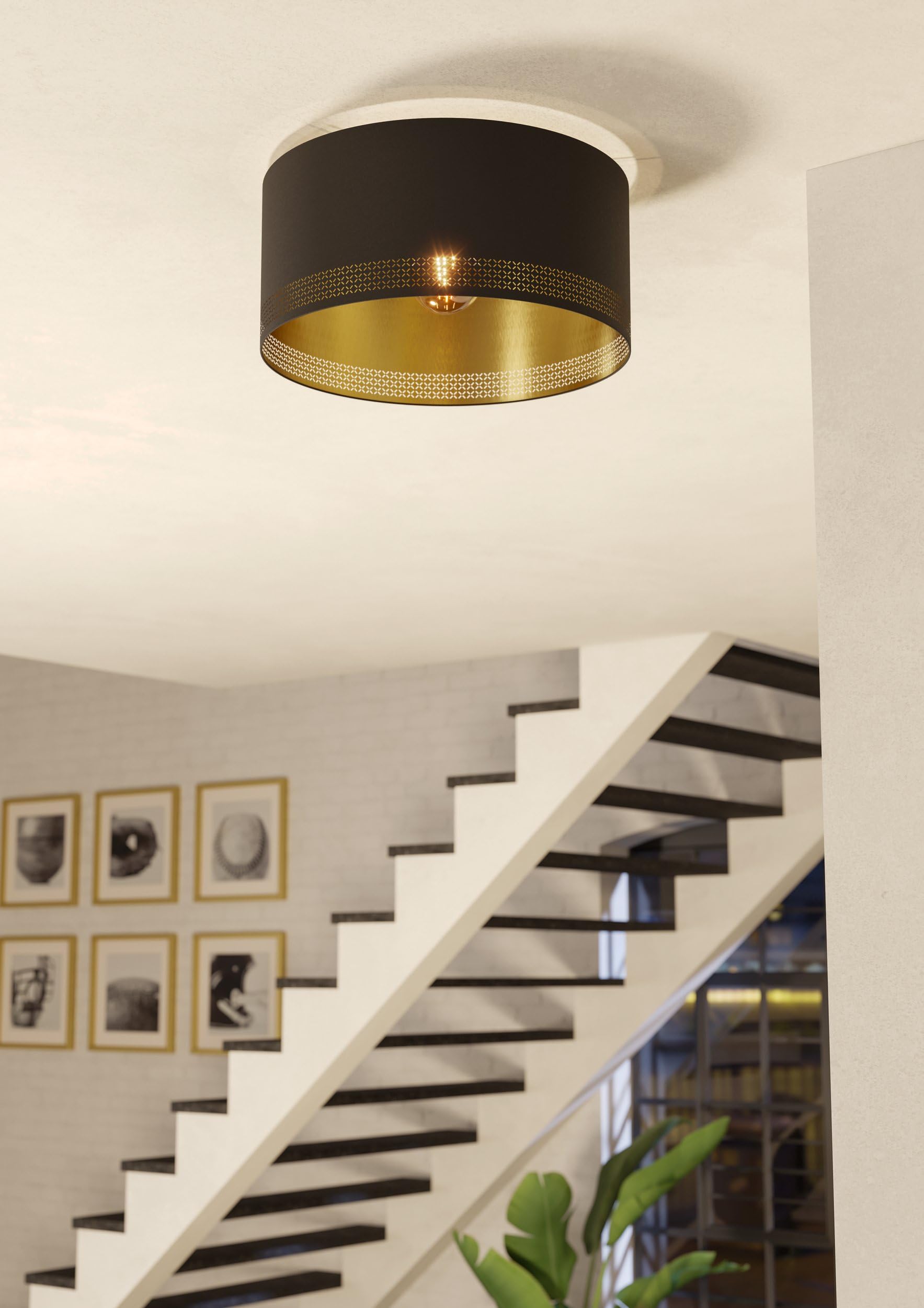 EGLO Deckenlampe Esteperra, 1 flammige Deckenleuchte Vintage, Retro | Wohnzimmerlampe aus Stahl und Textil in Schwarz, Gold, Küchenlampe, Flurlampe Decke mit E27 Fassung