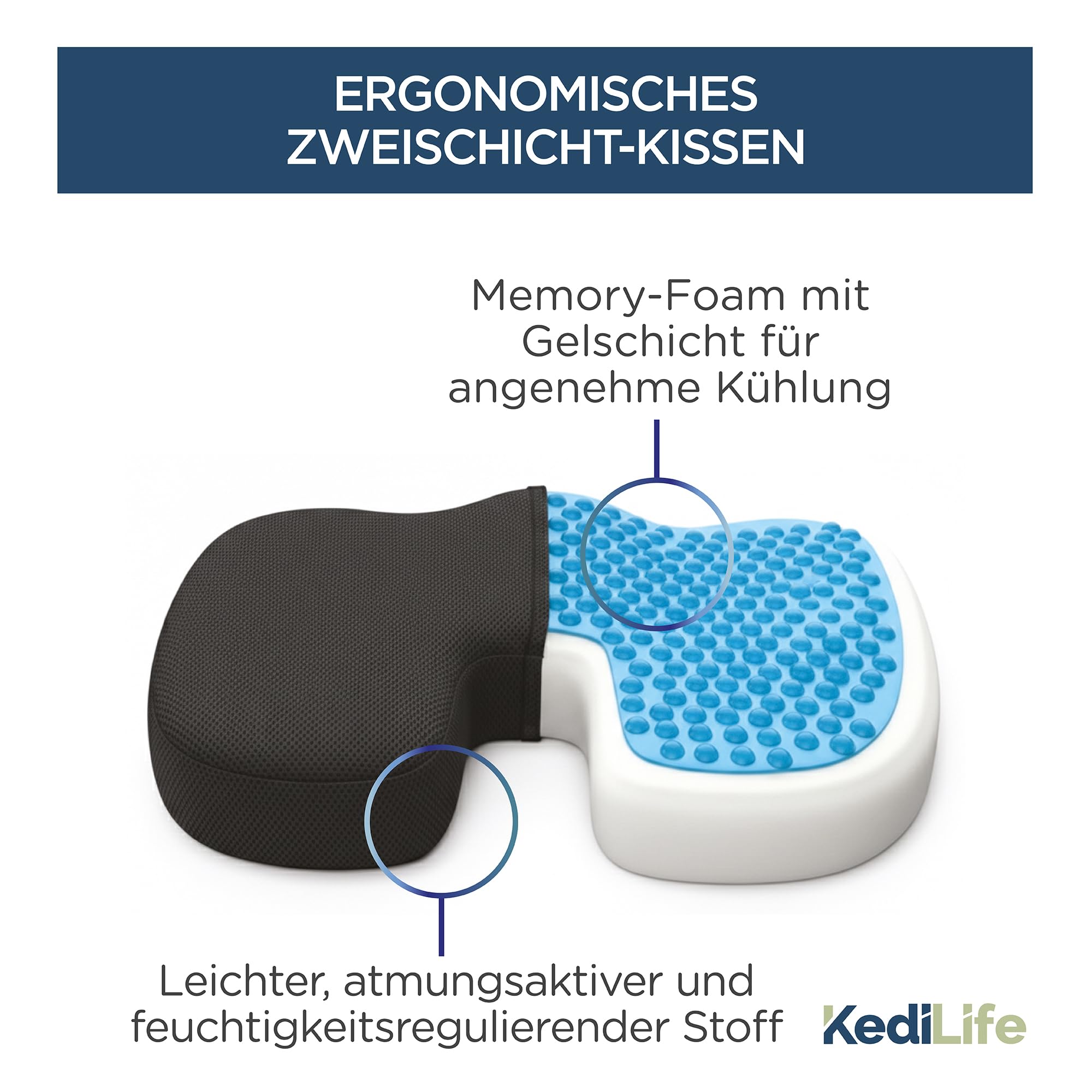 Ergonomisches Sitzkissen - Sitzkissen Bürostuhl und Autositz aus Memory Schaum - Atmungsaktiv, Abnehmbarer und Waschbarer Bezug - Ideal für Homeoffice, Auto, Gaming, Rollstuhl