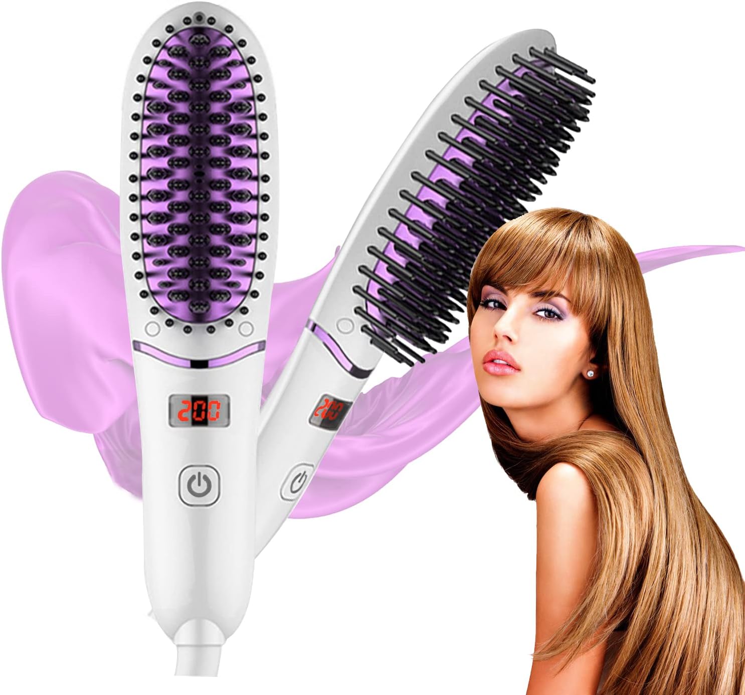 Mini Hair Straightening Brush, Ionic Hair Straightener Brush with 5 Adjustable Temperatures, LED Display, Hair Care, Anti Static, Suitable Gift for Daughter or Girlfriend
