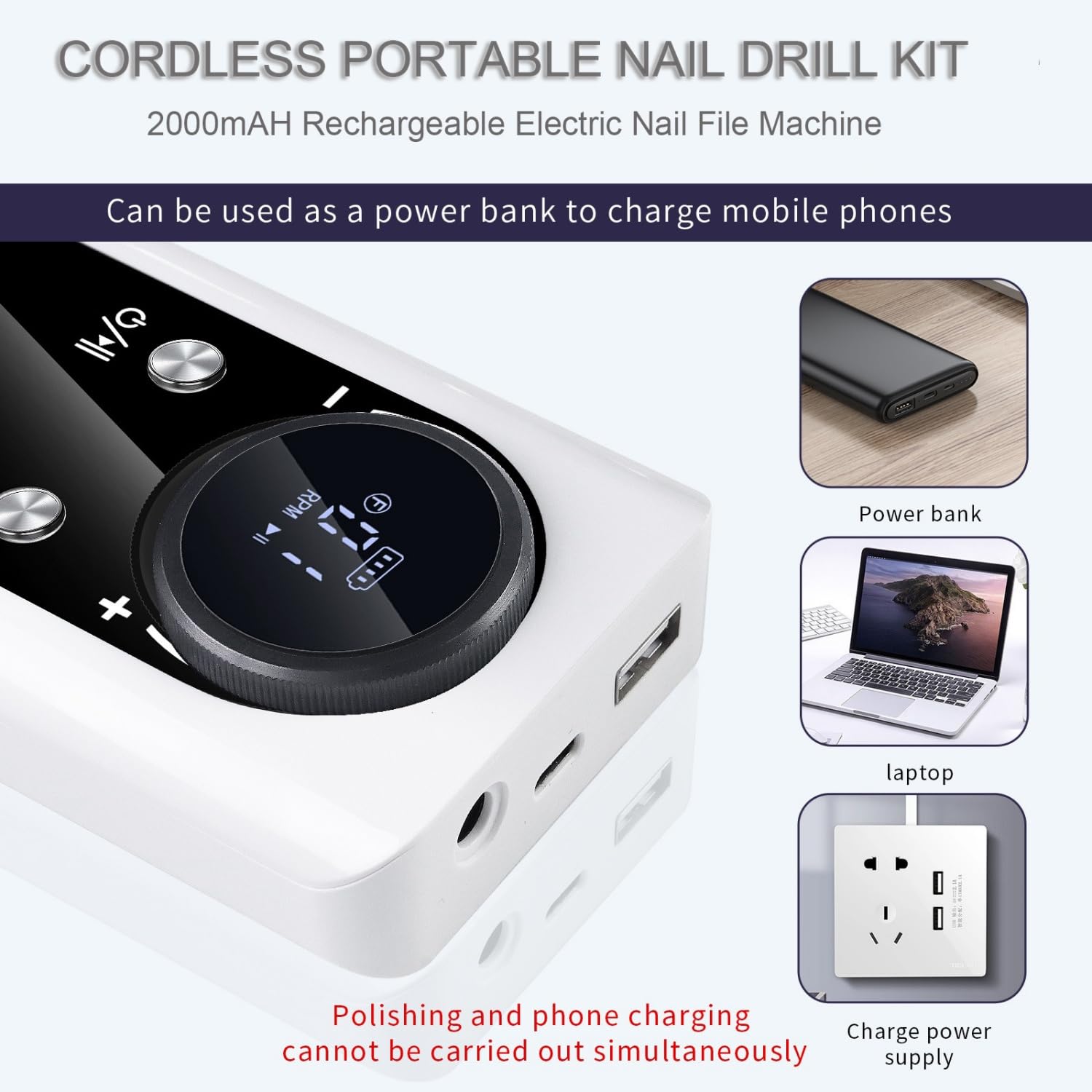 Torno de Uñas Eléctrico Profesional, Recargable 45000RPM Lima Electrica Uñas Sin Cable Portátil con Pantalla LCD para Uñas de Cristal, Uñas de Gel, Manicura y Pedicura-Pink