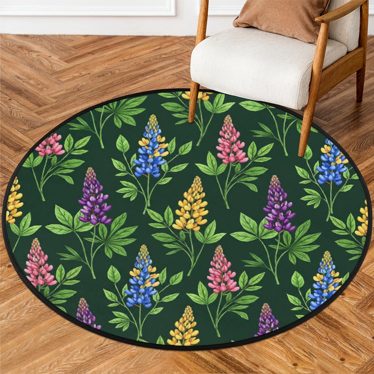 Tapis rond lavable motif lupin de 160 cm antidérapant