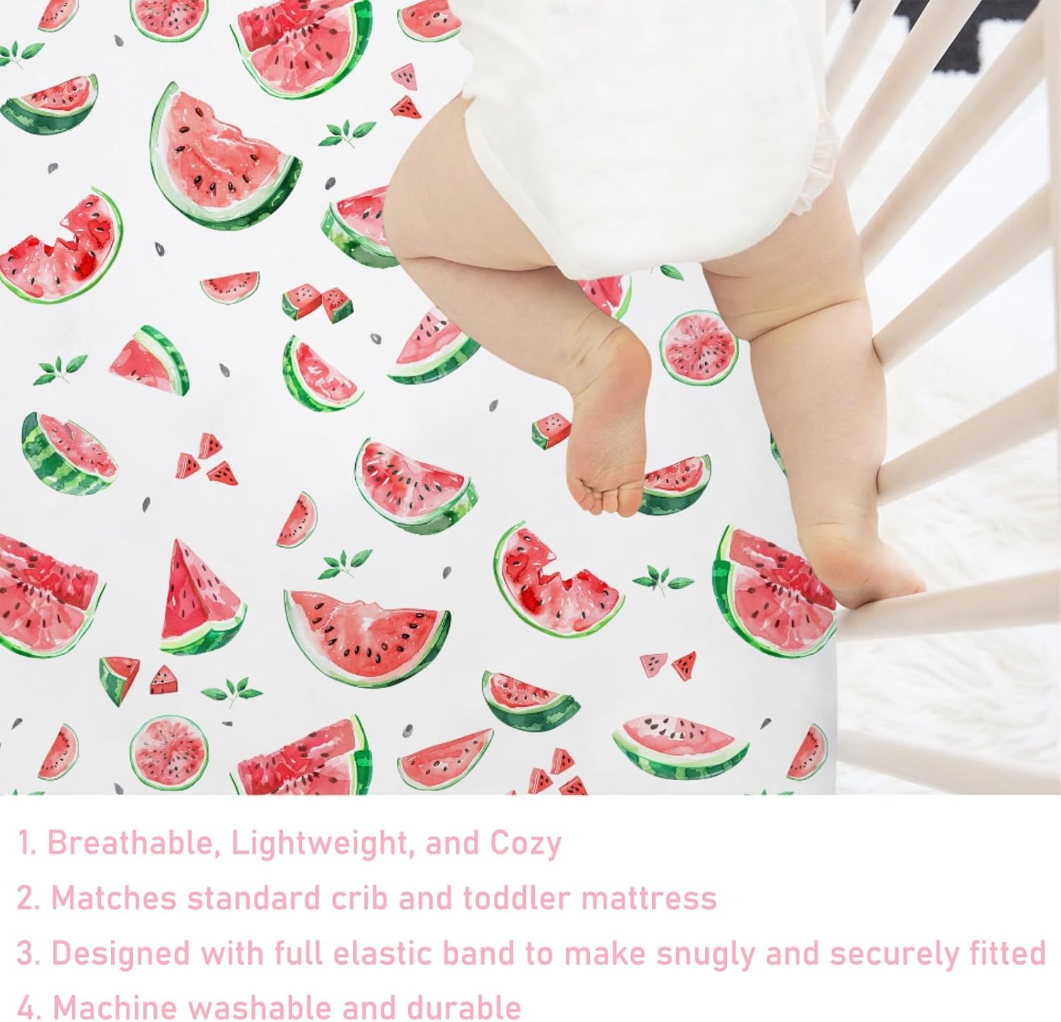 Watercolor Watermelon Baby Crib Sheet 52''x28'' Watermelon Leaves Stretchy Fitted Crib Mattress Cover for Boy Girl Tropical Summer Fruits Soft Nursery Bed Sheet for Standard Crib and Toddler Mattress