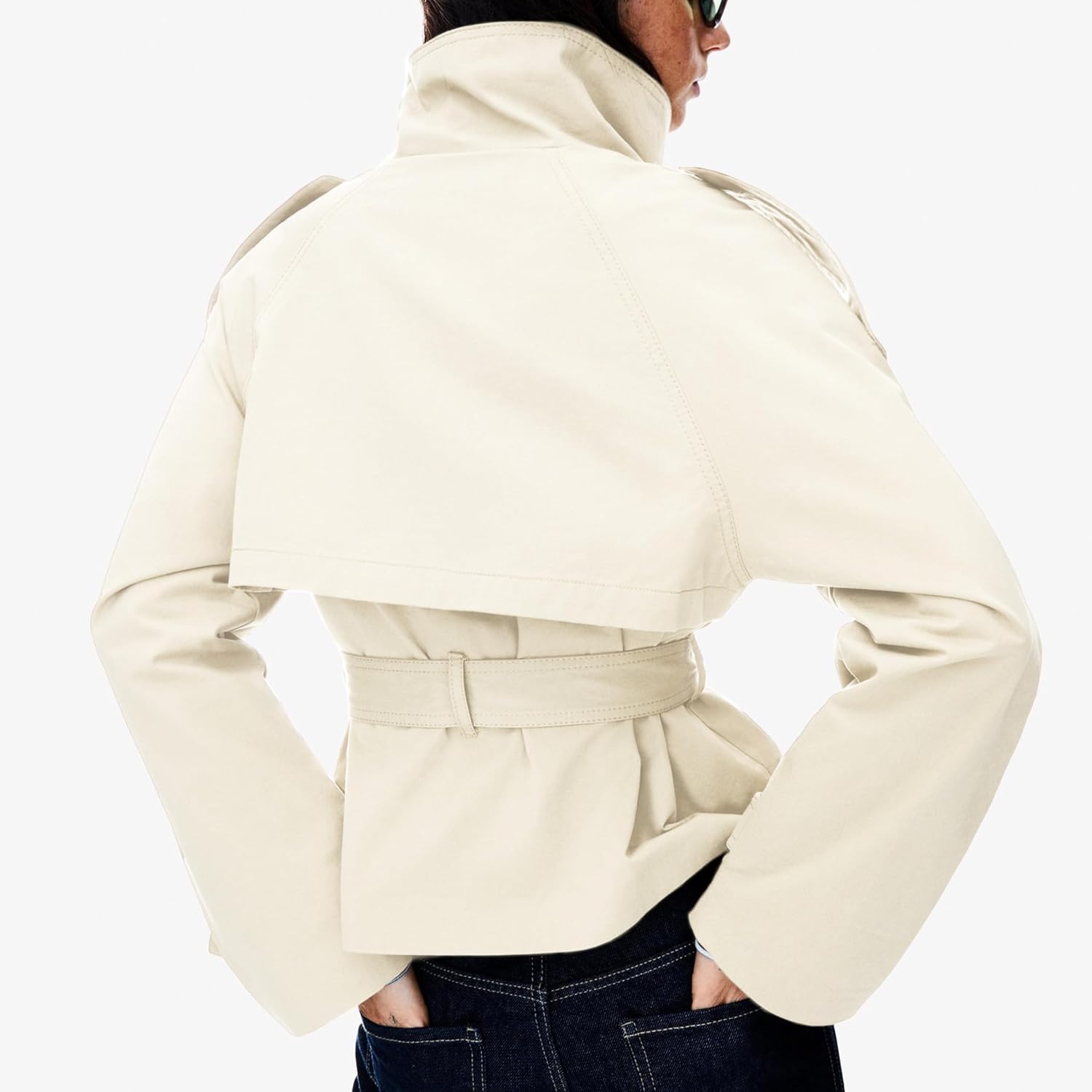 Women's Cropped Trench Coat Double Breasted Short Jacket High Collar Fall Winter Coats Trendy Outfit with Belt - Image 4