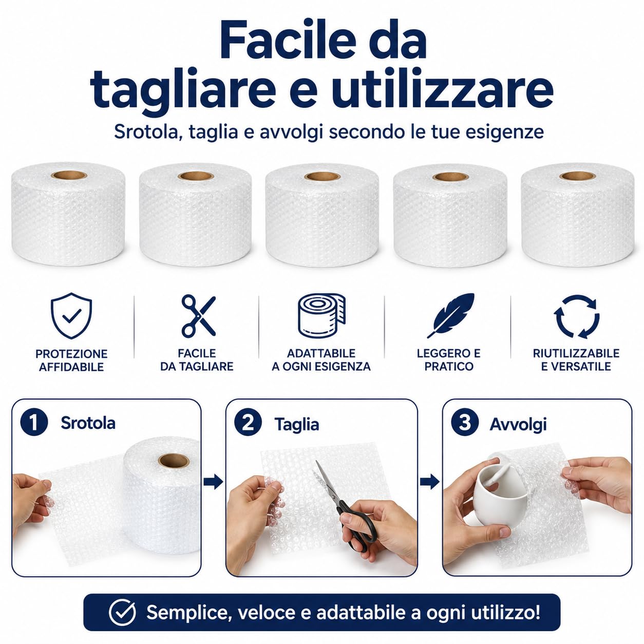 All4All Pluriball per Imballaggio – 5 Rotoli da 20 cm x 100 m, Totale 100 m², Protezione Antiurto per Spedizioni, Traslochi e Oggetti Fragili