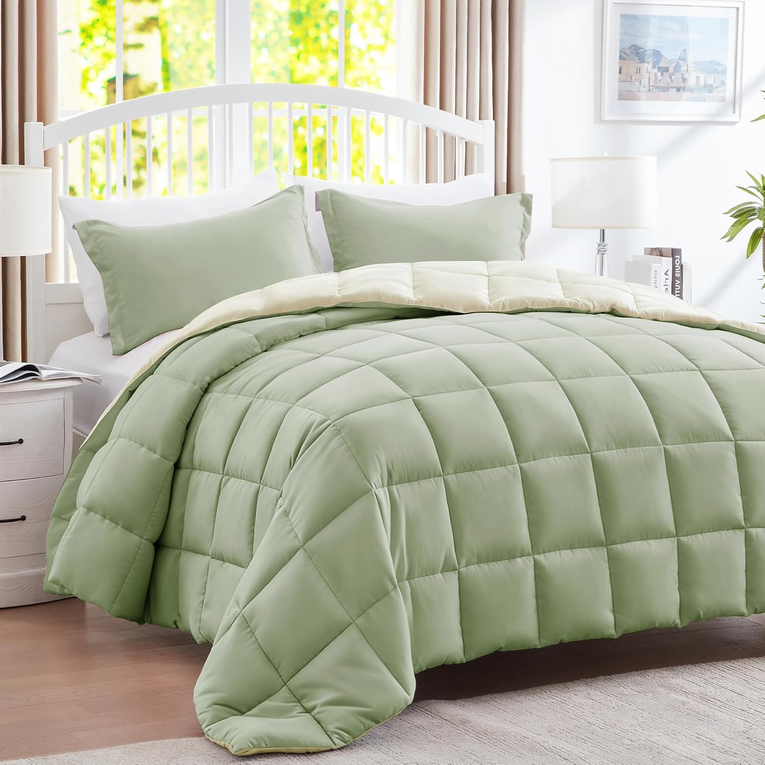 SunStyle Home Queen Comforter Set - 3 Pieces Box Stitched Reversible Comforters Queen Size, Lightweight Bedding Sets with 1 Down Alternative Comforter and 2 Pillow Shams for All Seasons,Sage & Khaki