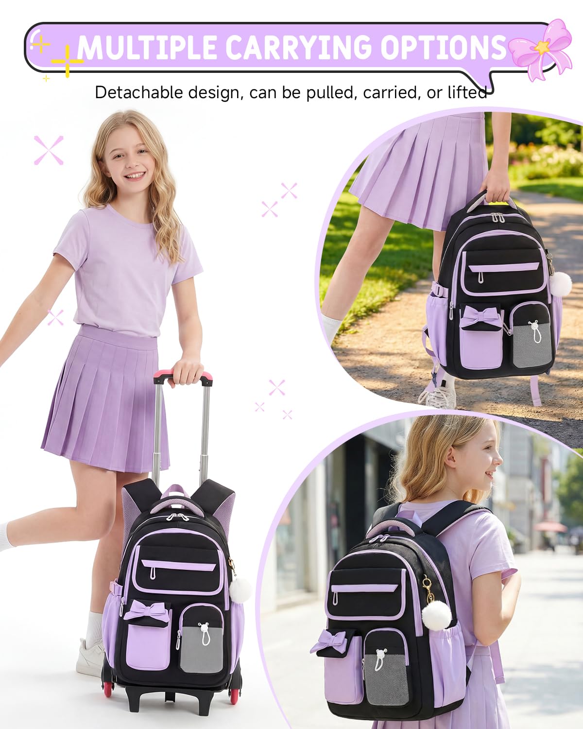 Amythe Schulrucksack Mädchen mit Rollen, Abnehmbar Schulranzen Trolley
