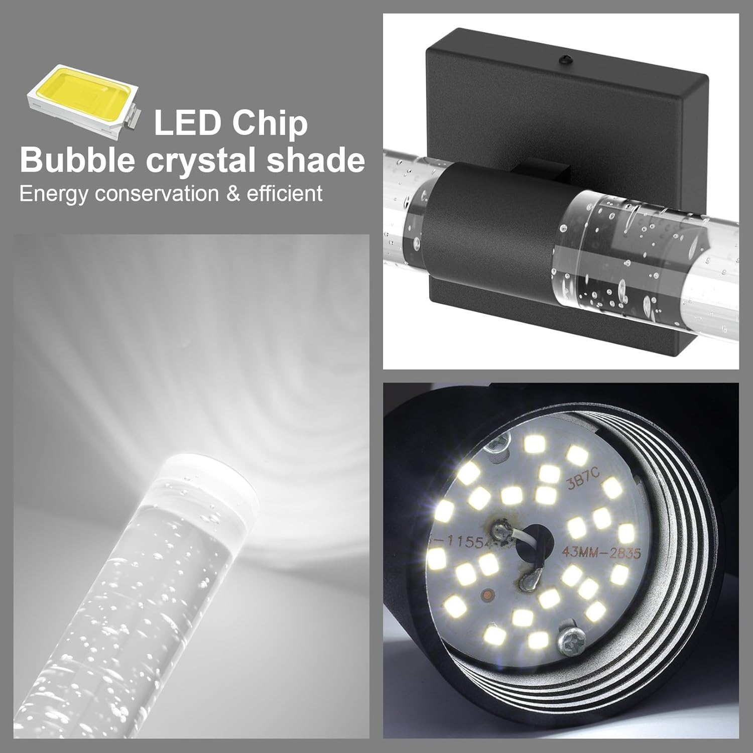 Tipace Modern LED Wall Sconces 6000K Crystal Bathroom Sconces Wall Lighting Indoor Black Vanity Light Fixture Wall Mount Wall Lights for Bedroom Living Room,19.6 Inch