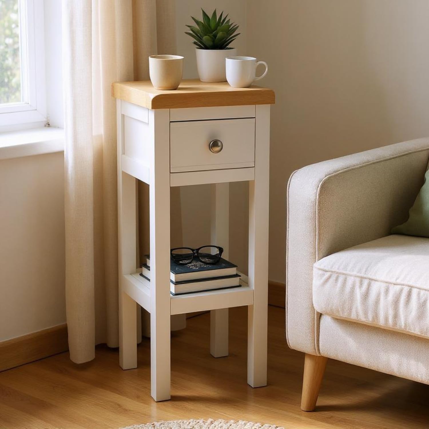 GROFurniture Snow White Console Table with Drawer, Small Console for Living Room Side Table Oak Top, Ready Assembled Telephone Table for Hallway Console