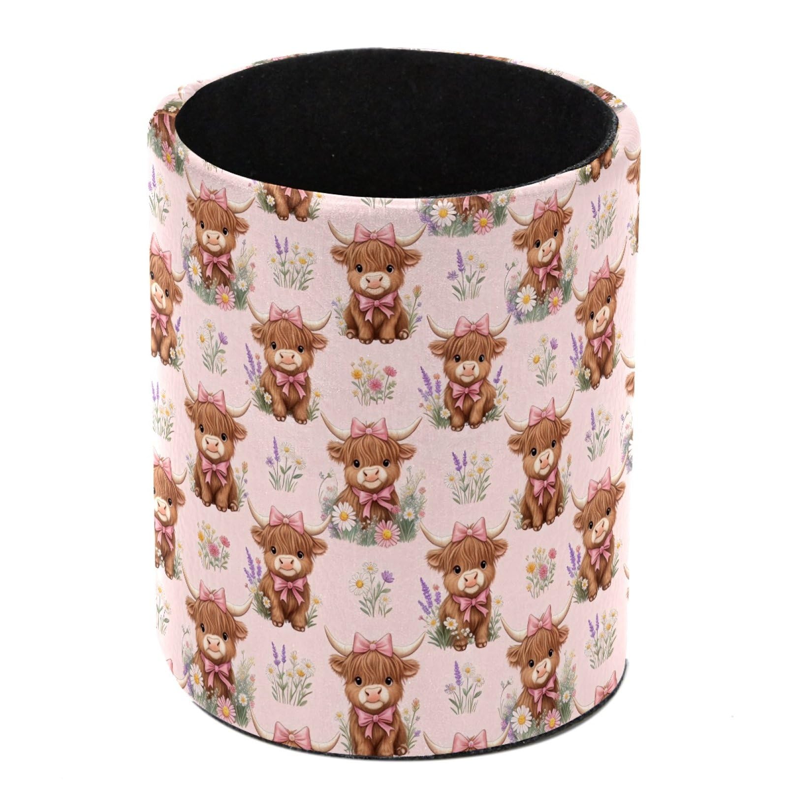 HEOEH Highland Cow Daisy Floral Pen Holder for Desk, PU Leather Pencil Holder Pen Cup Marker Holder Makeup Brush Holders, Desk Accessories & Workspace Organizers for Home, Office