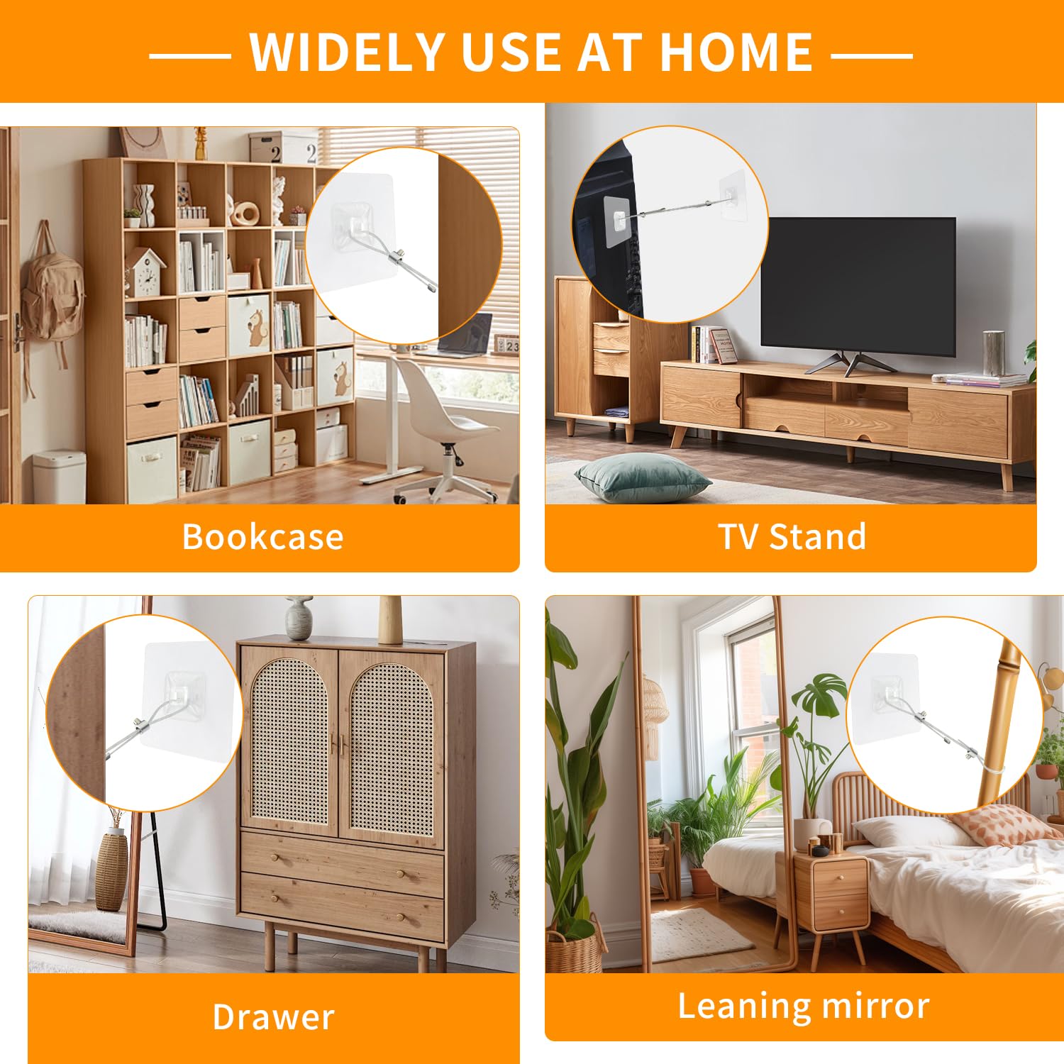 Adjustable 42" TV Safety Straps, Anti-Tip Adhesive Furniture Wall Anchors Kit for Baby Proofing, No Drilling Secure Flat Screens TV to Wall, Cabinet, Stand, Desk, Dresser, Bookshelf-6Pack