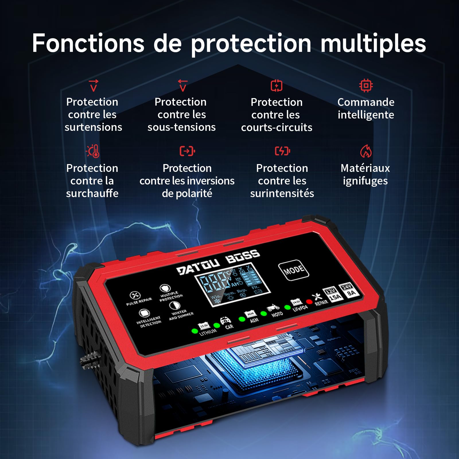 DATOUBOSS Chargeur de Batterie Voitures 15A 12V/24V, Chargeur Voiture avec Réparation & Compensation Température, pour Voiture Moto Bateau, pour LiFePO4 Plomb-Acide AGM Gel (12V 15A/24V 8A)