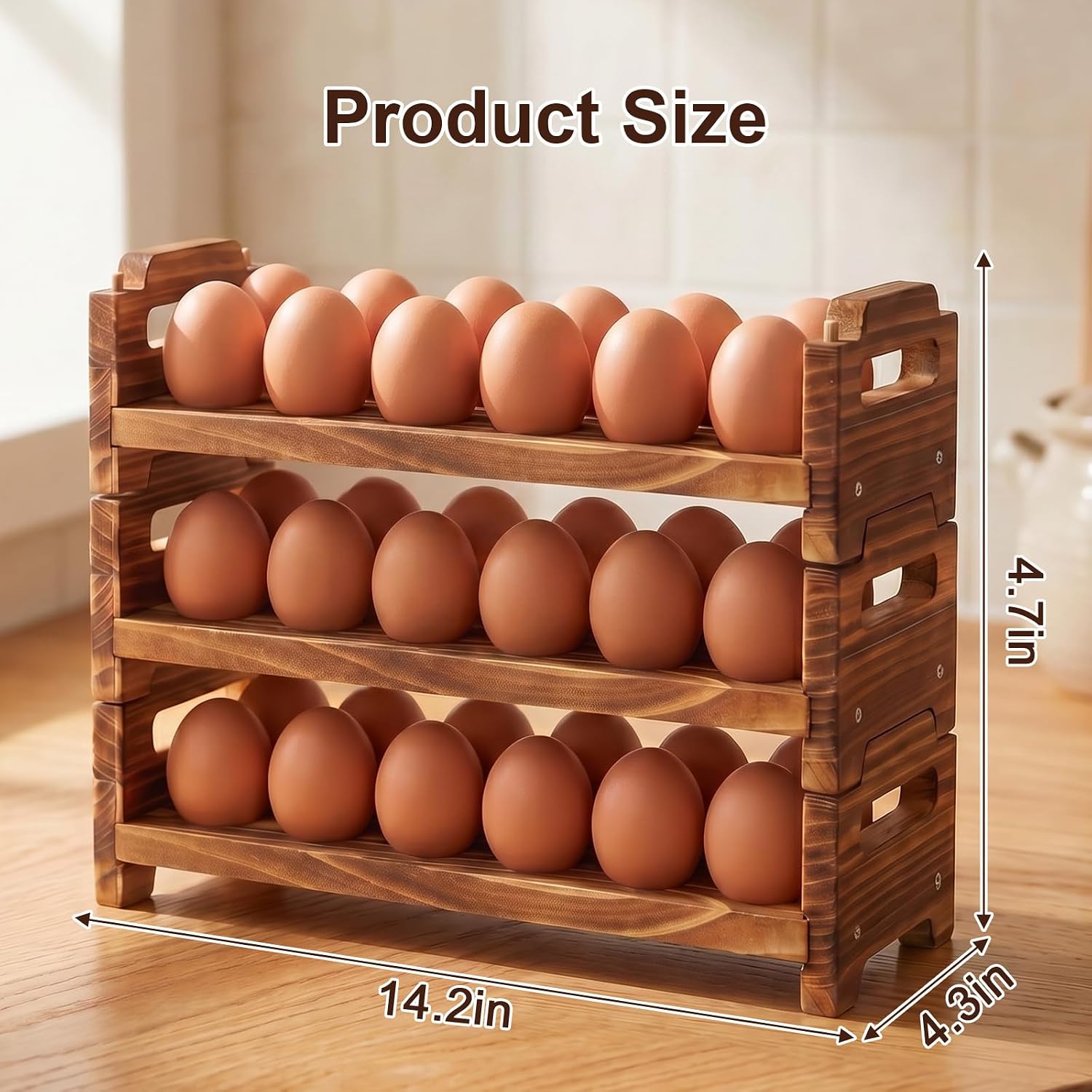 Farmhouse Wooden Egg Holder Countertop & Egg Basket - 3-Tier Stackable Fresh Eggs Storage Organizer, Rustic Chicken Eggs Rack with Distressed Finish for Kitchen Decor