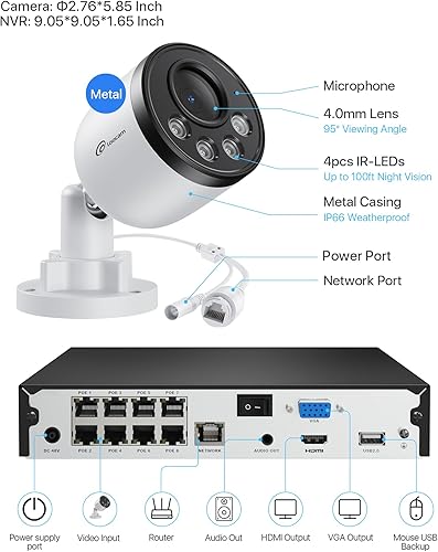 Miniatura 8 de Loocam Sistema de cámara de seguridad PoE de 5MP 8CH H.265+NVR con disco duro de 1 TB, 4 unids 4MP sistema de cámara con cable AI Sistema de
