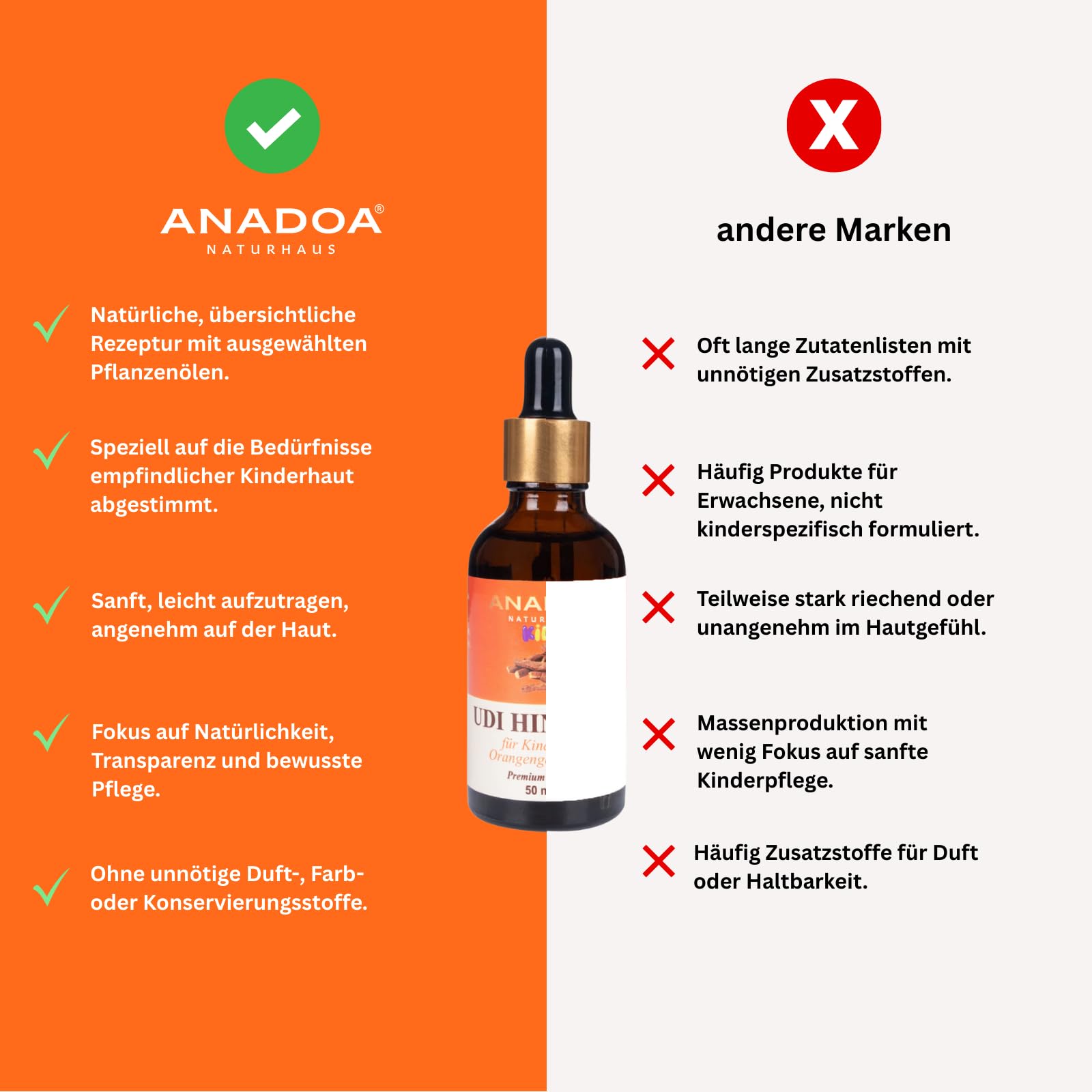 Anadoa Udi Hindi Öl für Kinder mit Orangengeschmack 50 ml | Qust al Hindi & Costusöl (Dolomiaea costus) | Kaltgepresstes Naturöl mit Olivenöl | Für sanfte Kinderpflege & Aromatherapie