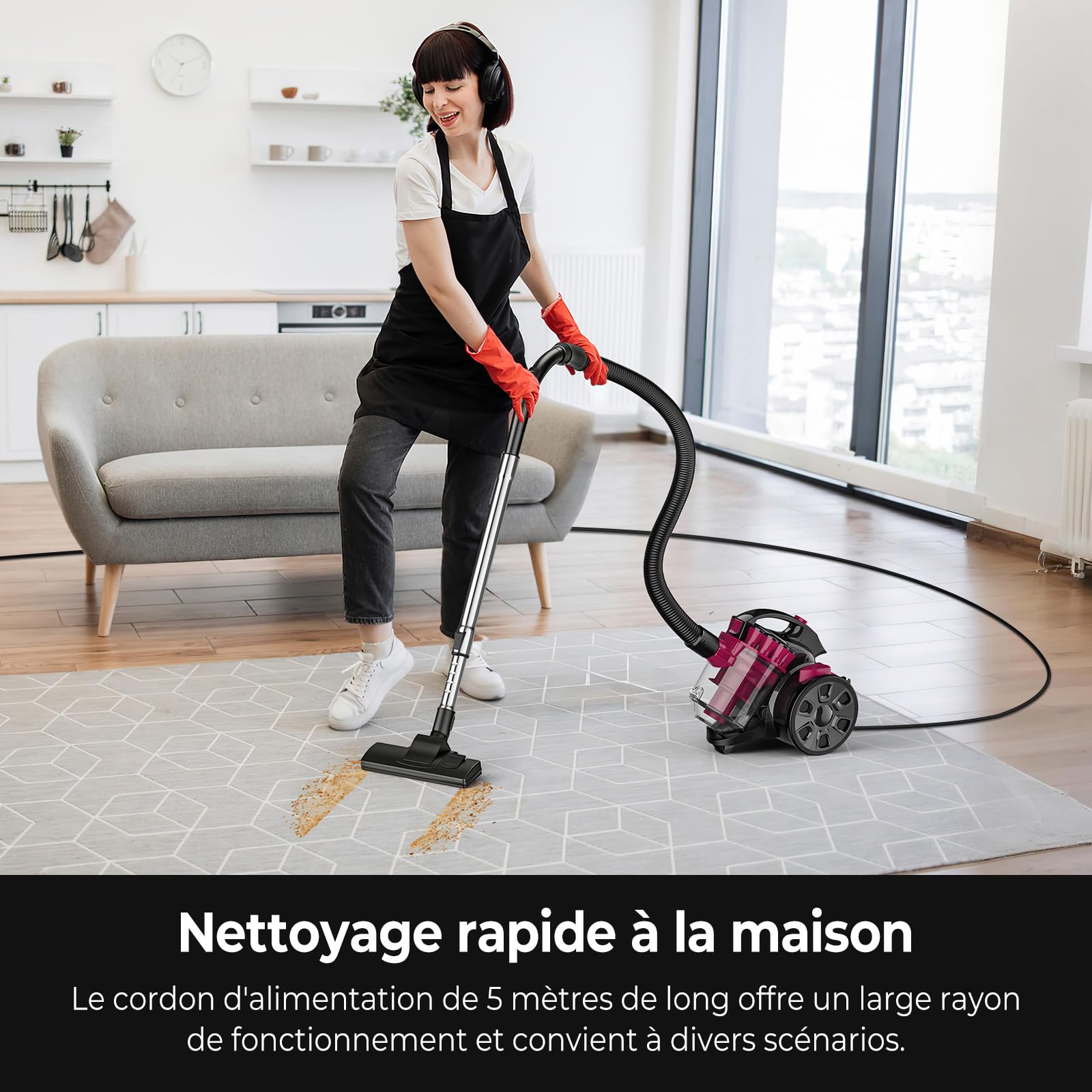 Aspirador sin Bolsa, 2600W, Potente Aspirador 21Kpa. Aspiradors Potente con Cable Portátil, Aspiradors con Bolsa Trineo Silencioso, Cable de 5 m, Motor de Bajo Consumo, Alfombras de Pelo de (1.5L)