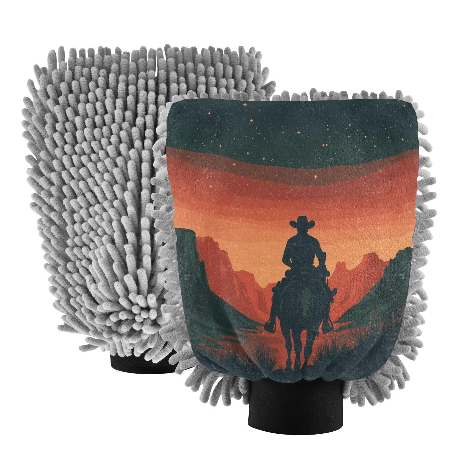 Flradish 2 Pack Western Cowboy Car Wash Mitt Chenille Microfiber Lint-Free Scratch Free Ultra-Soft Absorbent Car Wash Mitt 10.2x7.09 Inch