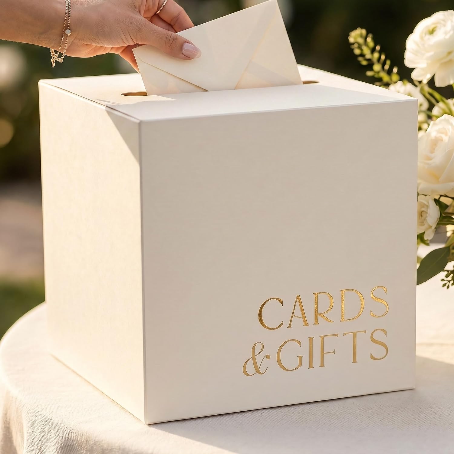 Elegant Wedding Card Box - Beige Gift Card Holder w/ Gold Foil that Matches Perfectly with Your Wedding Reception & Decorations - Sturdy & Easy to Assemble for Bridal Shower, Anniversary & Graduations