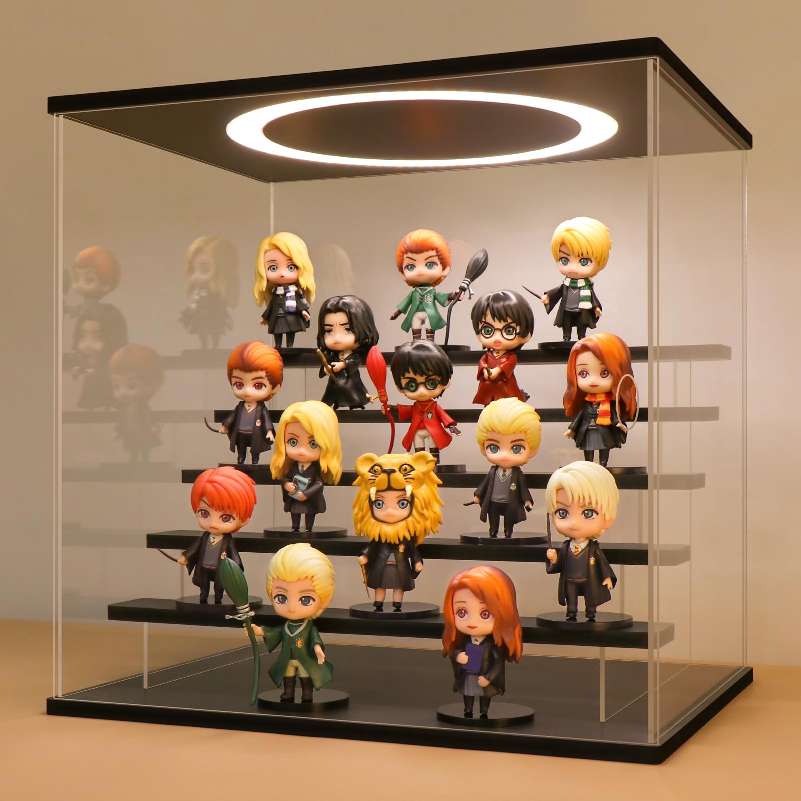 Acryl Vitrine mit LED Beleuchtung, Schaukasten für Figuren 39x30x38 cm | Display Case mit 3 Leuchtungsmode, Helligkeit einstellbar, Vitrine mit Tür und 5 Ablagen, Schwarz-sockel