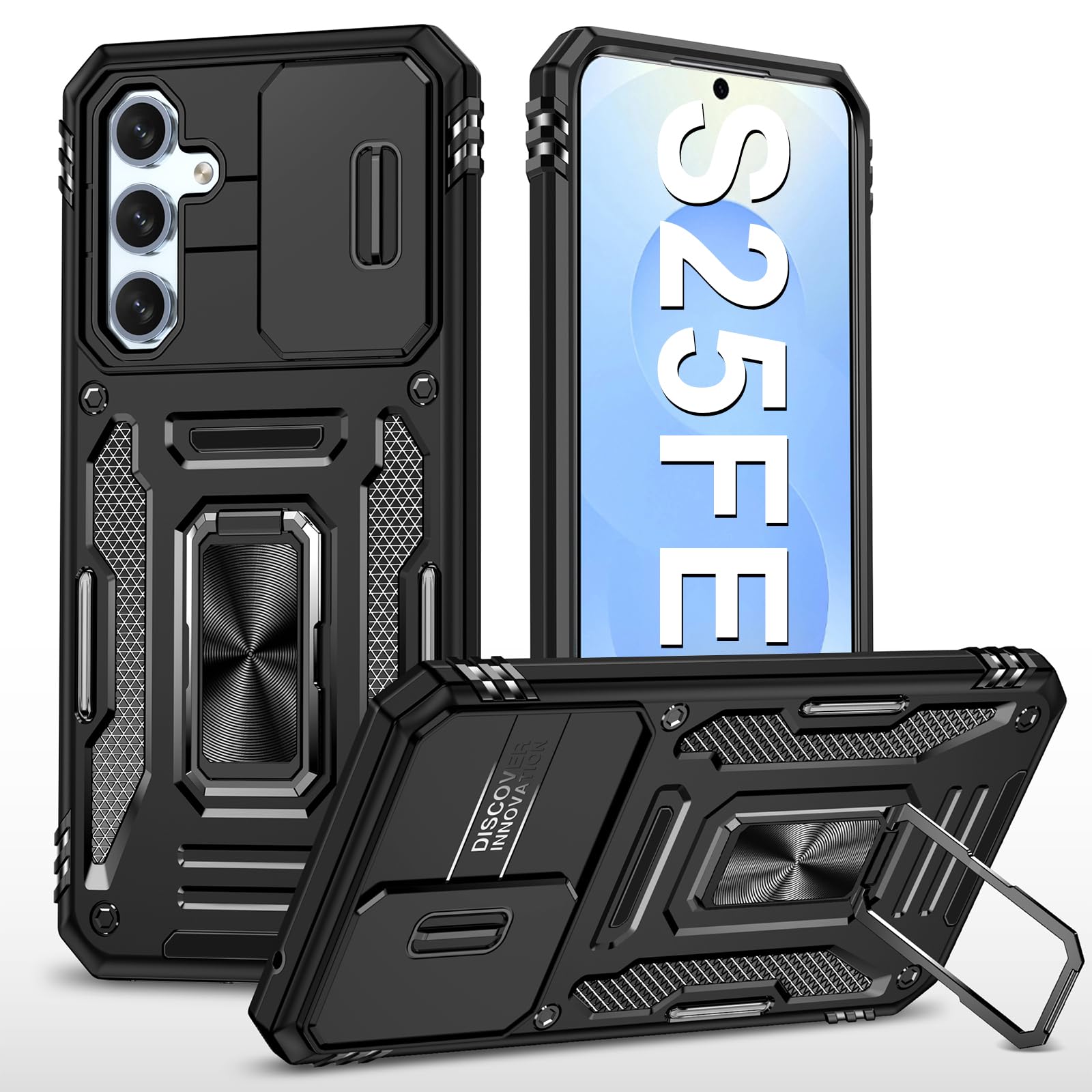 Handyhülle für Samsung Galaxy S25FE Hülle mit Slide Camera mit Kameraschutz Galaxy S25FE Schutzhülle 360° Drehbarer Metall Ring Ständer Stoßfest für Samsung S25FE 5G (Schwarz)