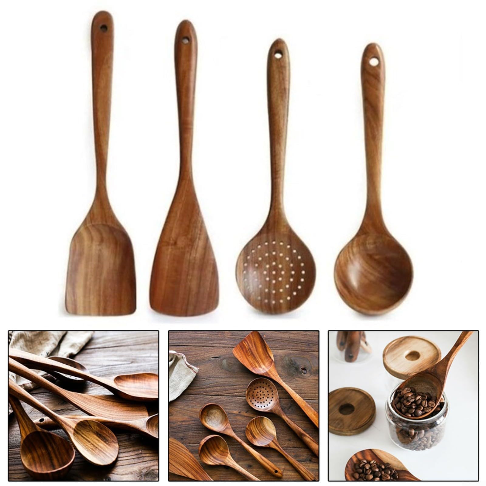 Juego de 6 cucharas de madera para cocinar, juego de utensilios de cocina de madera natural para sopa, arroz y utensilios de cocina de madera