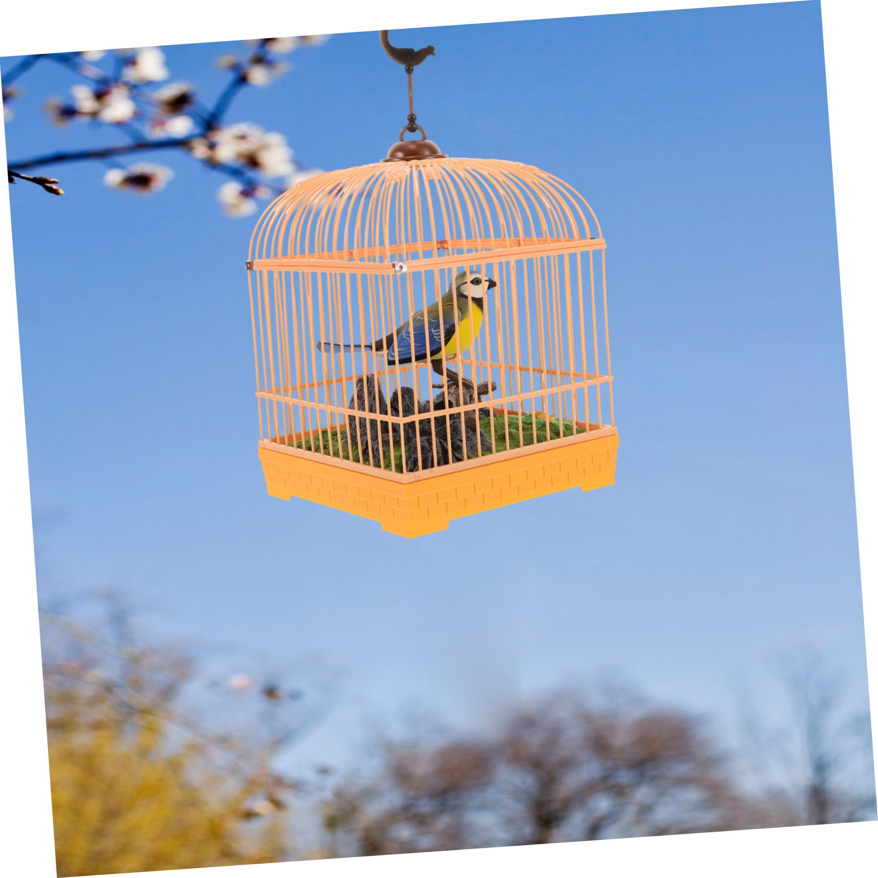 Juguete de Pájaro Activado por Audio con Efectos Realistas y Diseño de Jaula de Plástico Portátil para Entretenimiento y Ambientación en Habitaciones Infantiles