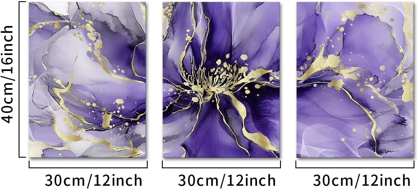 Visual Art Decor Flower Wall Art Bathroom Decor Floral Pictures Woman Girls Bedroom Office Wall Decor, Framed 12x16inchx3Pieces (Purple)