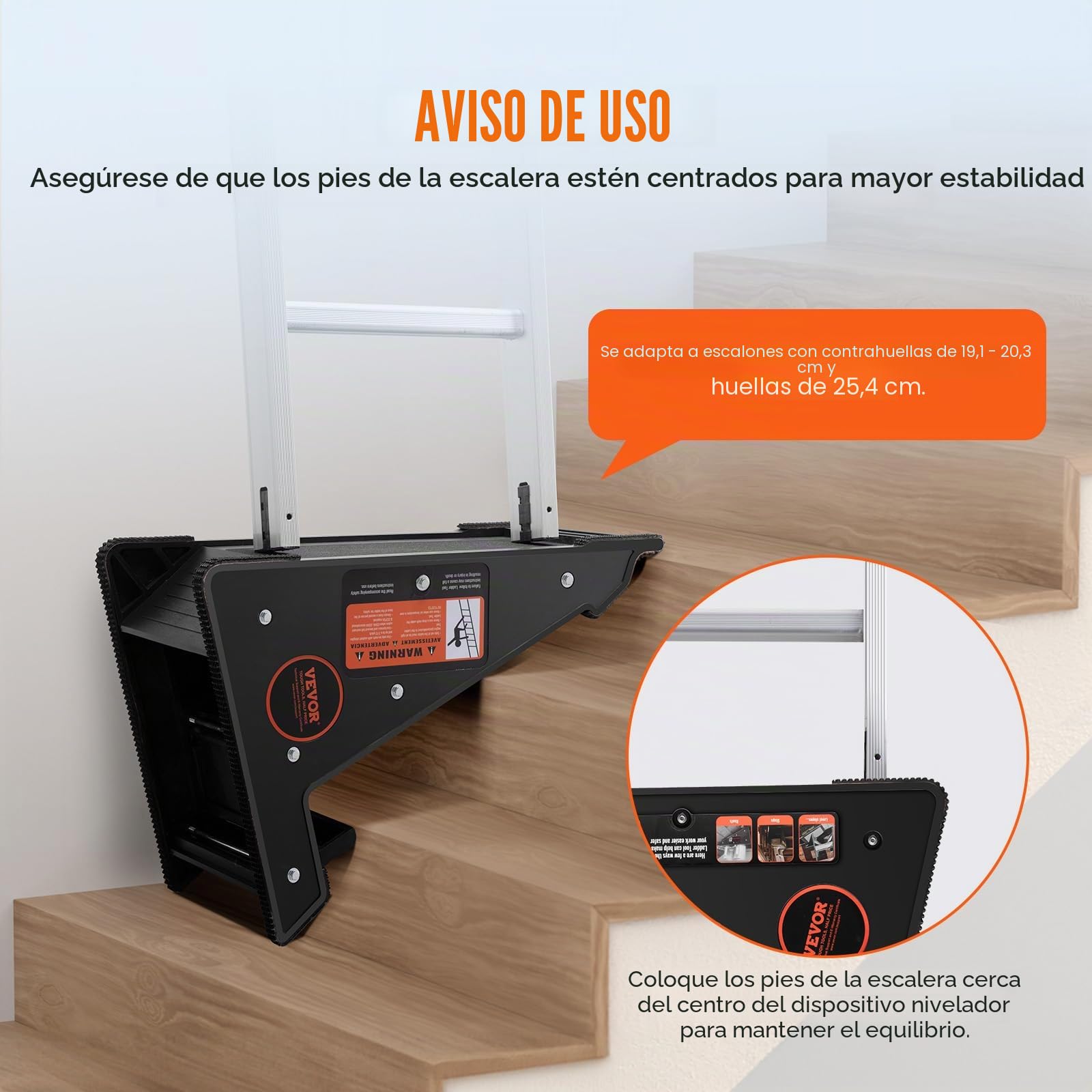 VEVOR Nivelador de Escaleras de Polipropileno con Capacidad de Carga de 172,4 kg, Tolva de Inclinación, Estabilizador de Escaleras con Almacenamiento, para Terrenos Irregulares, φ 97 x 493 mm