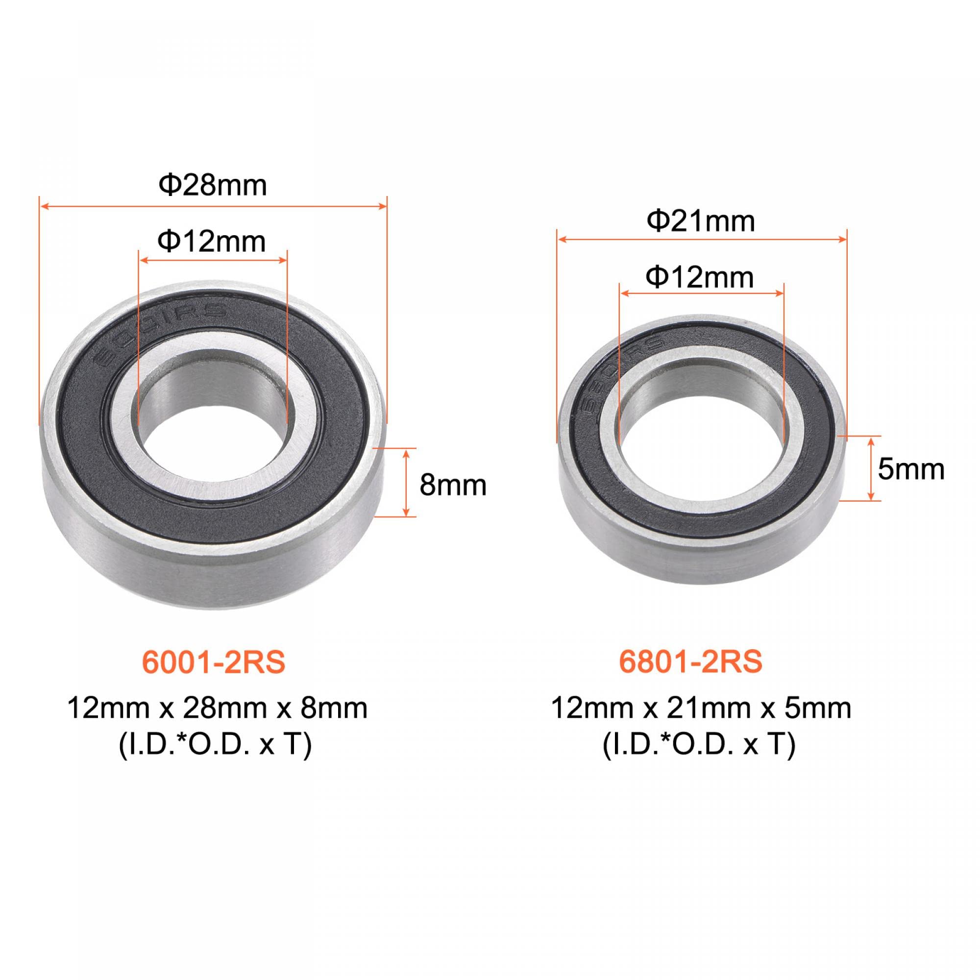 10 Rodamientos De Bolas 6801-2RS - 12x21x5 Mm, Acero Al Carbono, Doble Junta De Goma