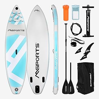 MSPORTS SUP - Stand Up Paddling Board - Aufblasbar Komplettes Paddleboard Zubehör Verstellbares Paddel, hochwertige Pumpe + 2X Paddelstock + wasserdichte Smartphone Tasche + Multifunktionstasche